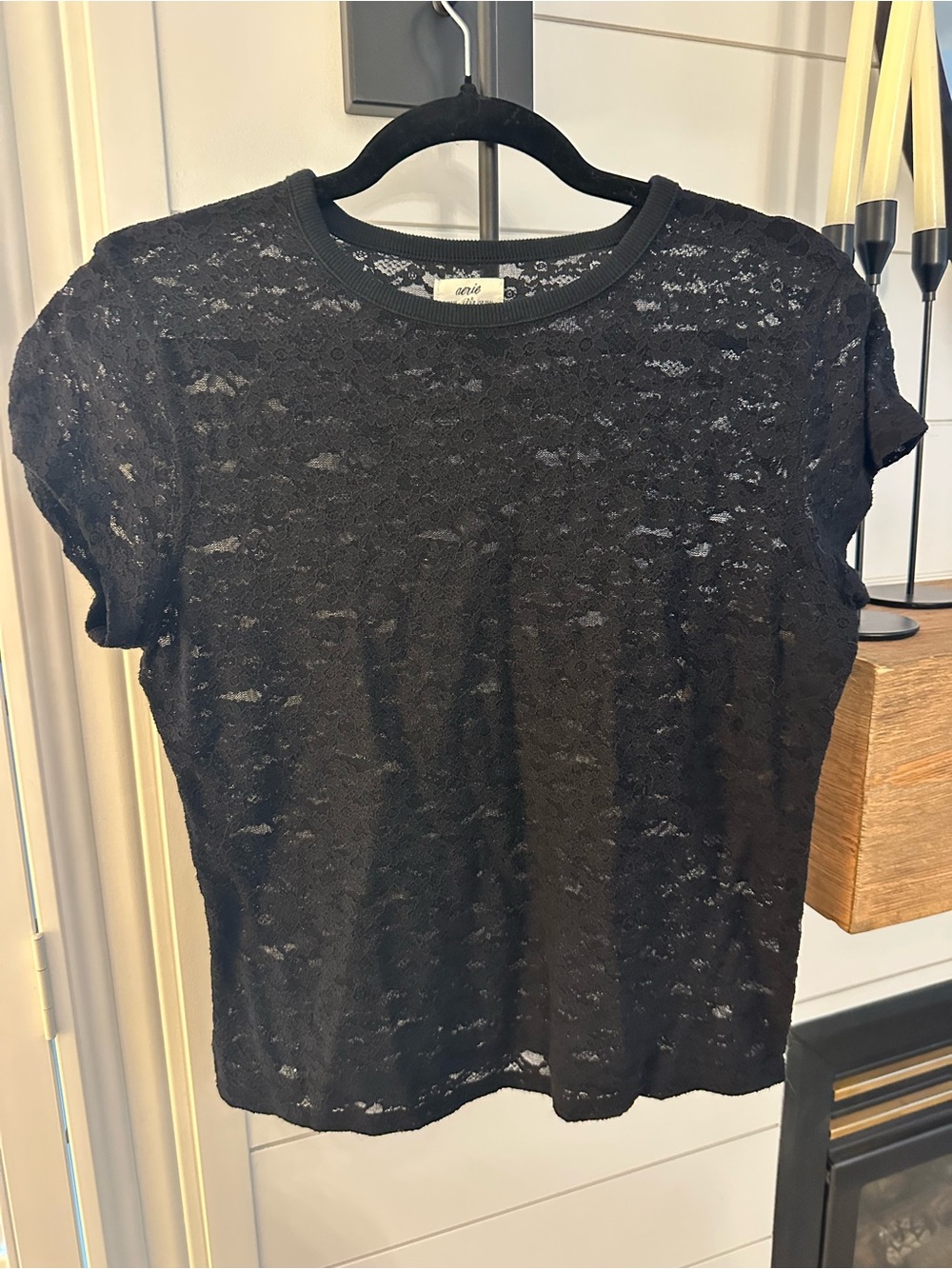 aerie Black Sheer Lace Short-Sleeve Crewneck Top